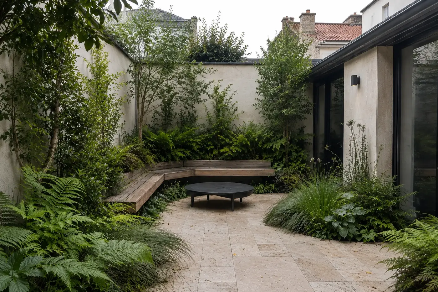 Cour urbaine végétalisée avec banquette sur mesure