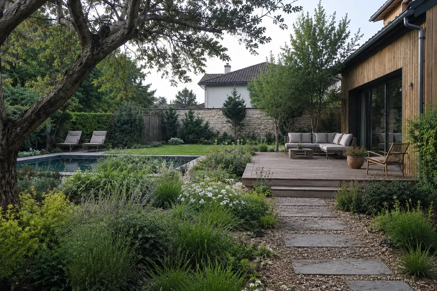 Jardin familial naturel avec terrasse en bois et massifs fleuris
