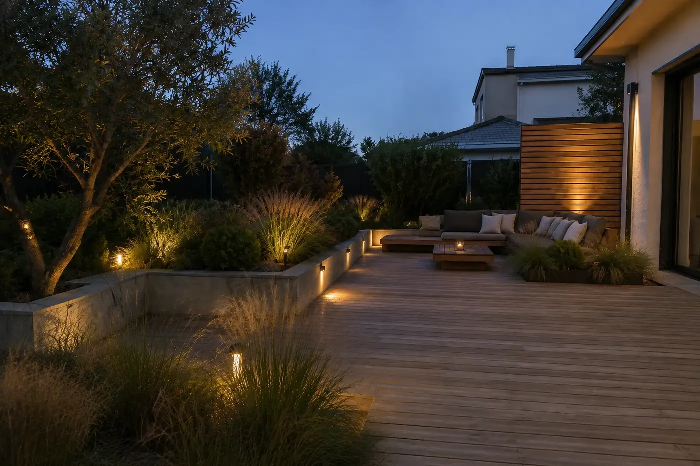 Terrasse contemporaine éclairée au début de la soirée